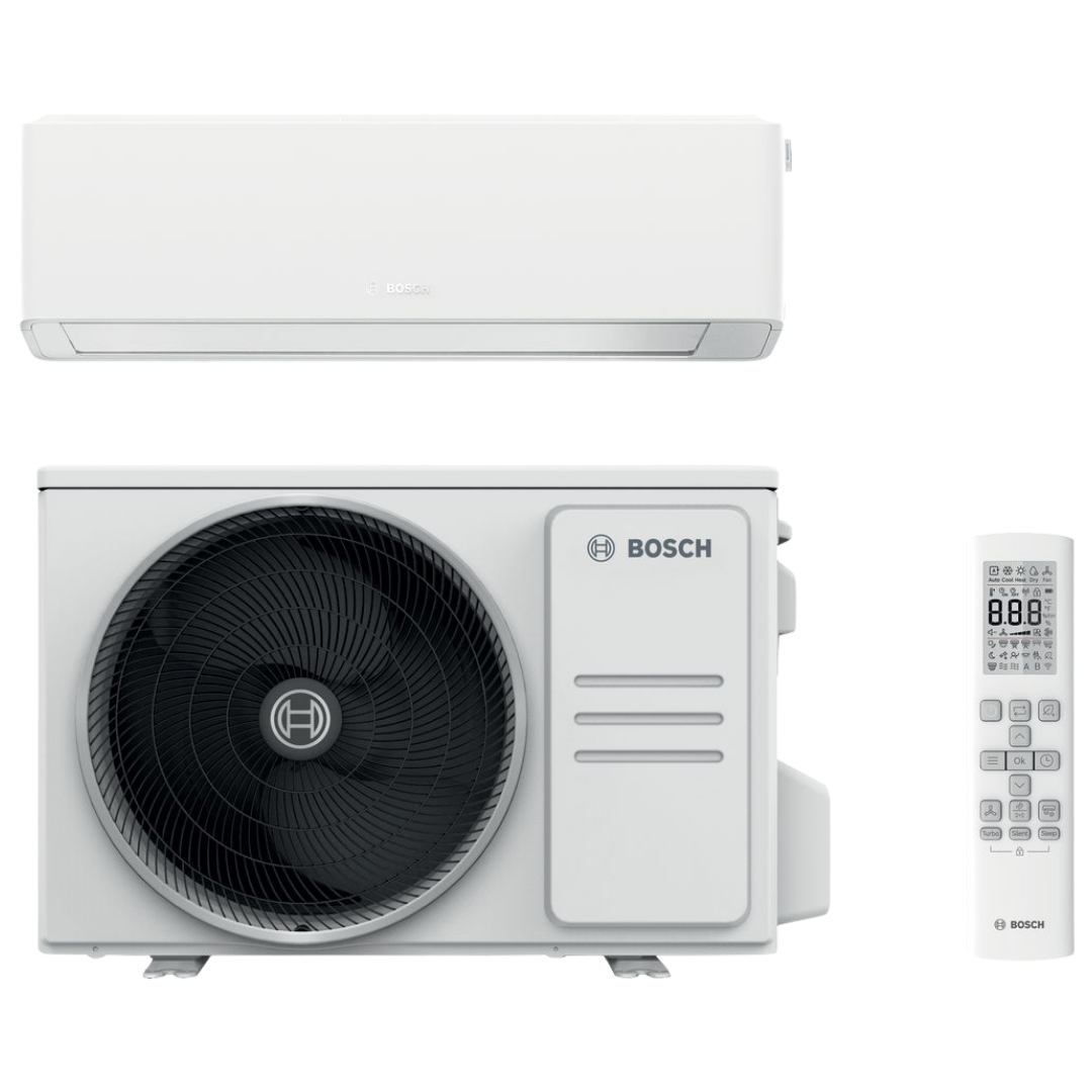 Bosch air conditioning system - indoor wall unit, outdoor condenser and remote - installed by Thermatek Heating in Edinburgh